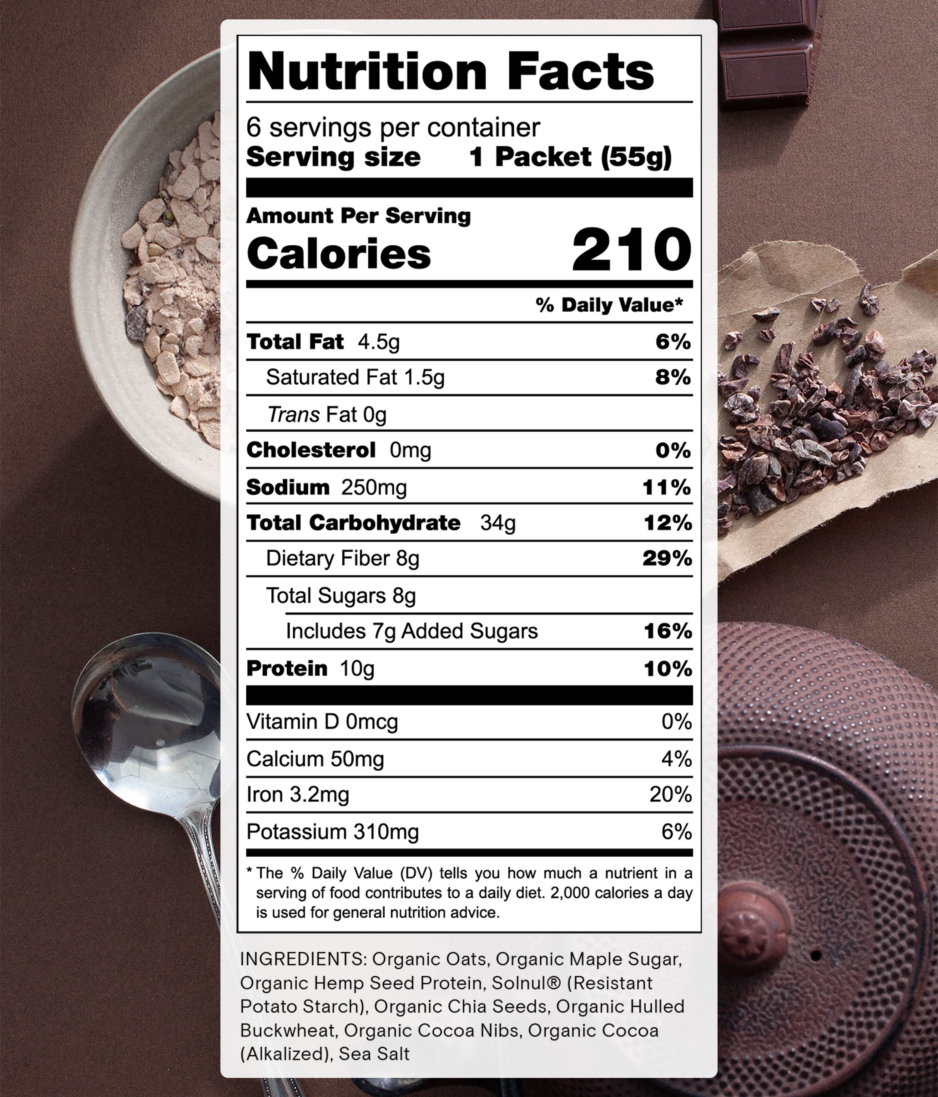 A nutrition facts label for a food packet showing information like calories, total fat, sodium, carbohydrates, sugars, protein, and vitamins. Ingredients include organic oats, hemp seed protein, chia seeds, and chocolate.