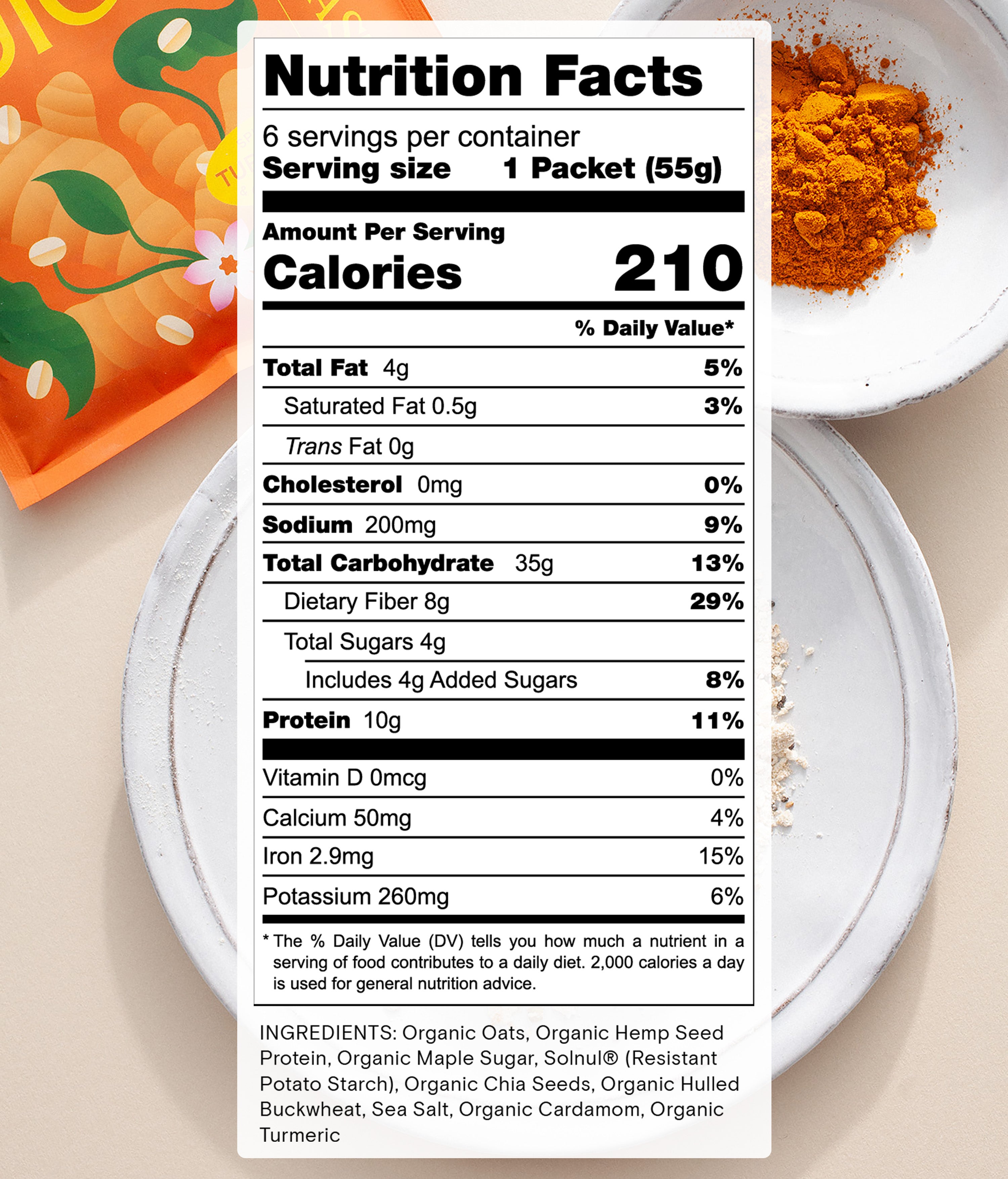 Close-up of a nutrition facts label and ingredients list on a cereal box, showing calorie count, fat content, sodium, total carbohydrates, and protein per serving. A white plate in the background holds cereal crumbs and a spoon.