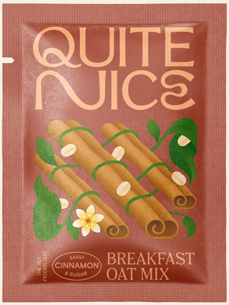 A brown packet labeled Quite Nice Breakfast Oat Mix features illustrations of cinnamon sticks, green leaves, oats, and a white flower. Packed with fiber and real food ingredients for gut health, the bottom reads Sassy Cinnamon & Sugar.