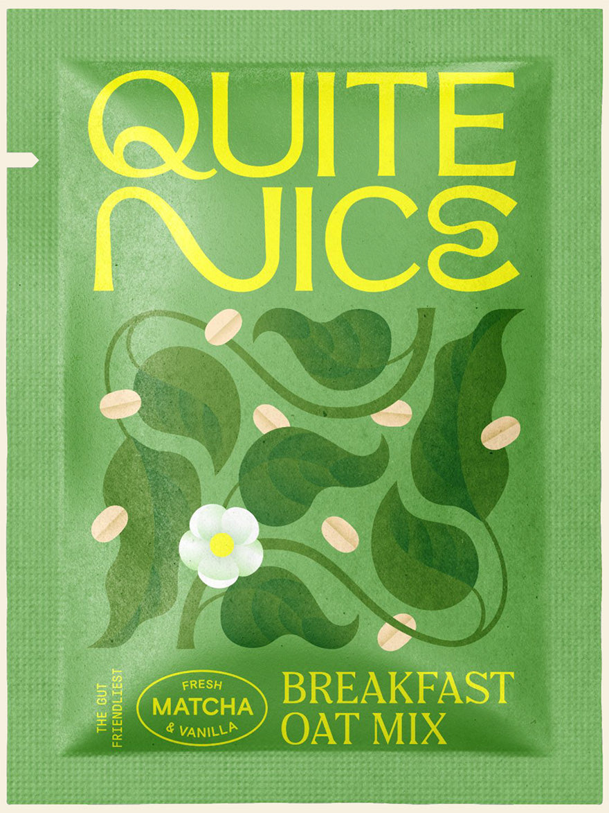 A green packet labeled Quite Nice contains a breakfast oat mix, flavored with fresh matcha and vanilla to support gut health. The design features stylized leaves, seeds, and a white flower, highlighting its real food ingredients.