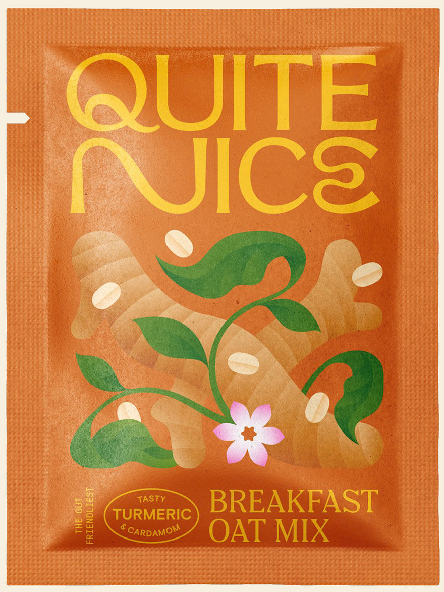 A vibrant orange packet of Quite Nice Breakfast Oat Mix, packed with real food ingredients like turmeric and cardamom. The design features illustrations of turmeric roots, green leaves, white seeds, and a pink flower, with "Tasty Turmeric & Cardamom" highlighting its gut health benefits on a circular label.