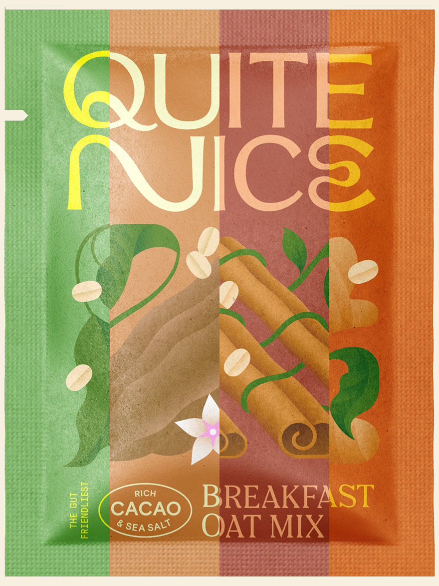 Packaging of Quite Nice Breakfast Oat Mix with cacao and sea salt highlights real food ingredients. The design features cinnamon sticks, cacao beans, and leaves, with bold text displaying the product name and flavor to promote gut health.