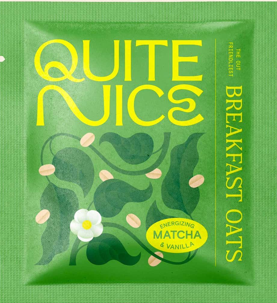 A green packet labeled Quite Nice contains a breakfast oat mix, flavored with fresh matcha and vanilla to support gut health. The design features stylized leaves, seeds, and a white flower, highlighting its real food ingredients.